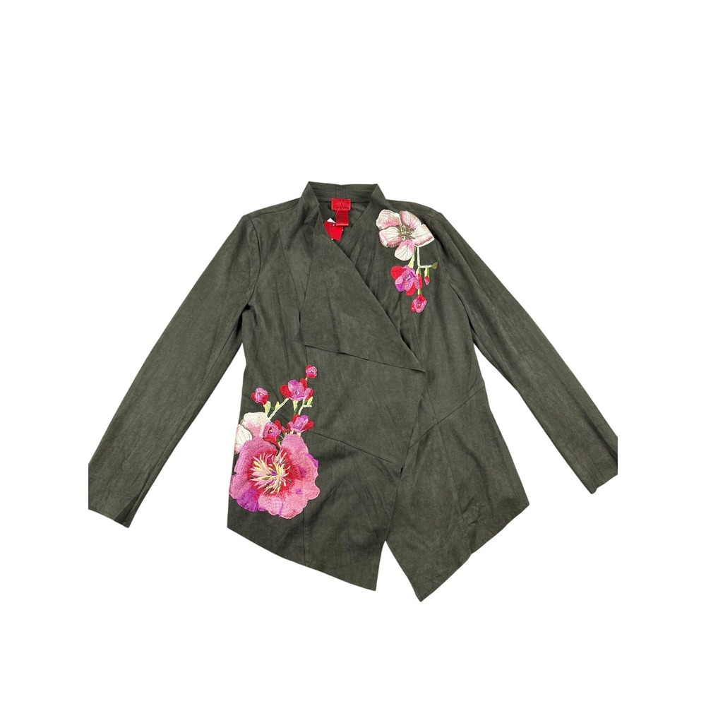 NWT V Cristina Olive Green‎ Floral Embroidered Open Front Faux Suede Jacket M